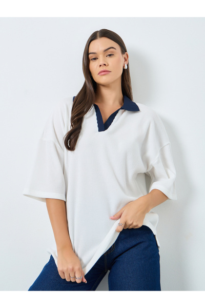 Styli White Knitted Polo T-Shirt