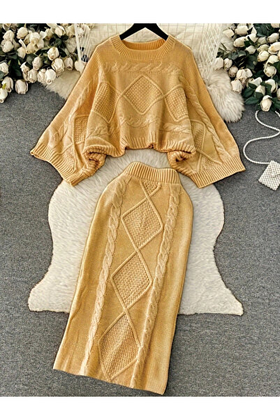 Take Two By Styli Plus Size Solid Cable Knit Top and Skirts Co-Ords