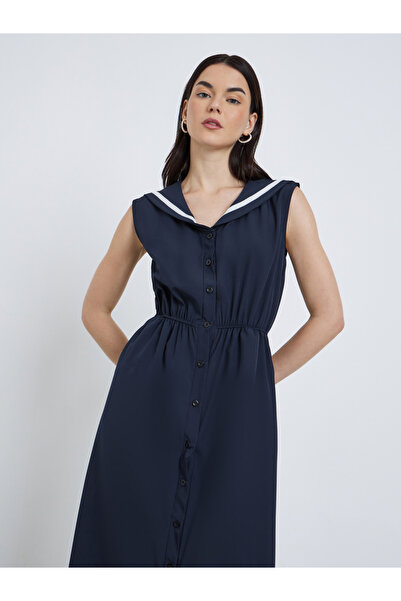 Take Two By Styli Navy Blue Sleeveless Button Detail Maxi Dress