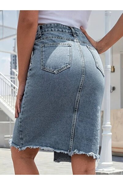 VELİZADE Kadın Mavi Kot Etek – Midi Boy, Ön Yırtmaçlı, Yüksek Bel, Rahat Kesim Jean Etek Günlük ve Şık Kombin