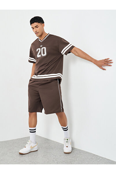 Styli Men Brown V Neck Printed Boxy T-Shirt and Oversized Shorts Co-Ords