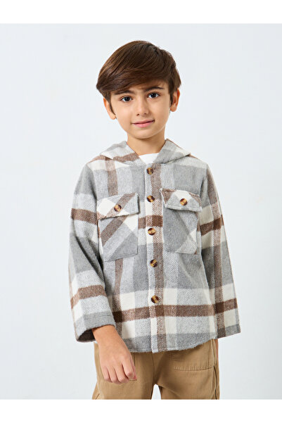 Styli Boys Grey Checkered Hooded Jacket