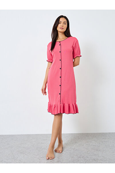 Take Two By Styli Dark Pink Ruffled Short Sleeve Nightdress
