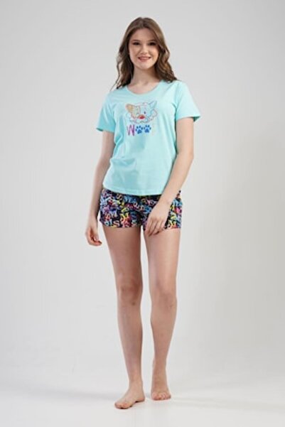 VİENETTA - Women's cotton pajama set with Printed and colorful shorts
