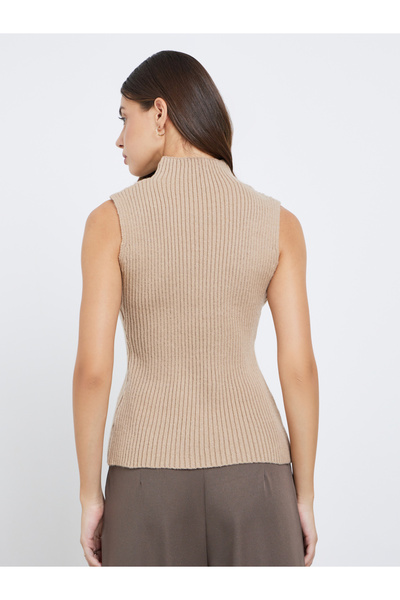 Take Two By Styli Beige Ribbed Mock Neck Sweater