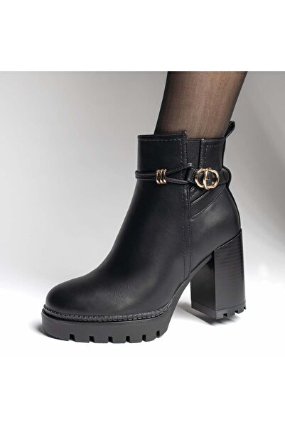 Modlet.ro Γυναικεία μαύρα μποτάκια με χοντρό τακούνι και φερμουάρ MOD12351