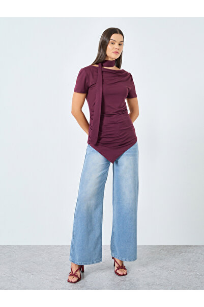 Styli Burgundy Knit Top with Tie Neck Detail