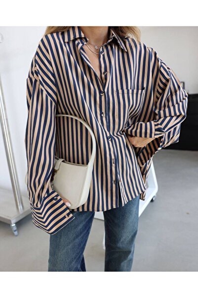 DONNA LISSA Cămașă cu mânecă lungă supradimensionat pentru femei basic cu dungi DL62