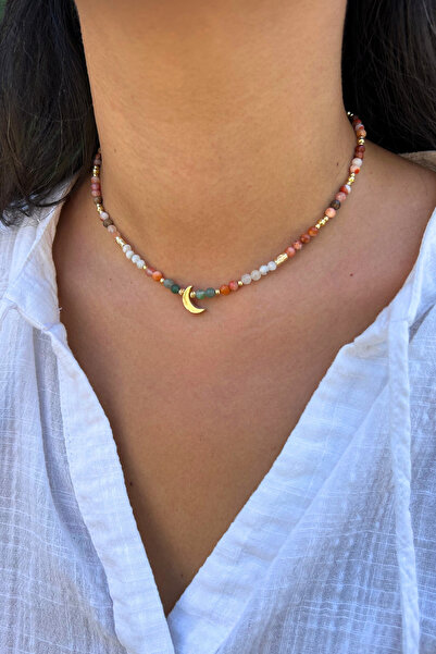 Suerte Accessories Agate Moonstone Sunstone Aventurine Natural Stone Gold Moon Point Handmade Minimal Natural Stone Necklace
