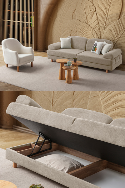 Eymense Aries Yataklı Sandıklı Koltuk Takımı 3+1 Sütlü Kahve