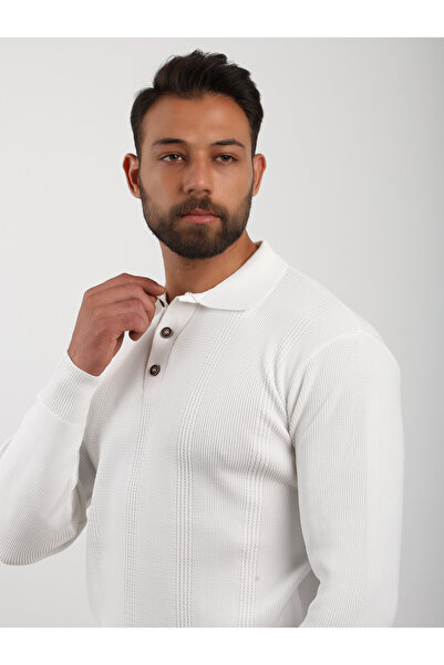 VALERO Men's Standard Fit Regular Cut Buttoned Polo Neck White Knit Sweater