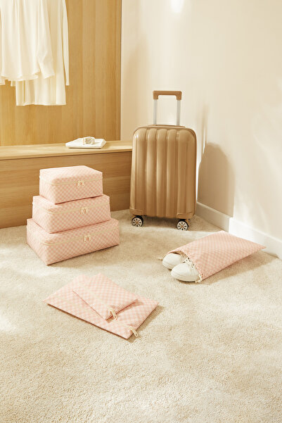 Ocean Home Textile 6'lı Pembe Dama Pamuklu Valiz Düzenleyici Bavul İçi Organizer Set, Seyahat Hurcu