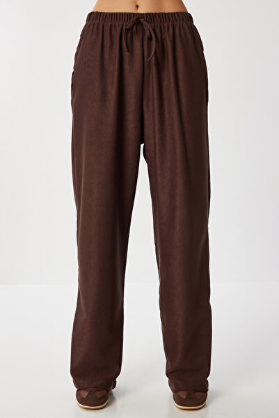 Lovelyİstanbul Geniş Paça Fitilli Örme Pantolon LMW0031 KAHVERENGİ