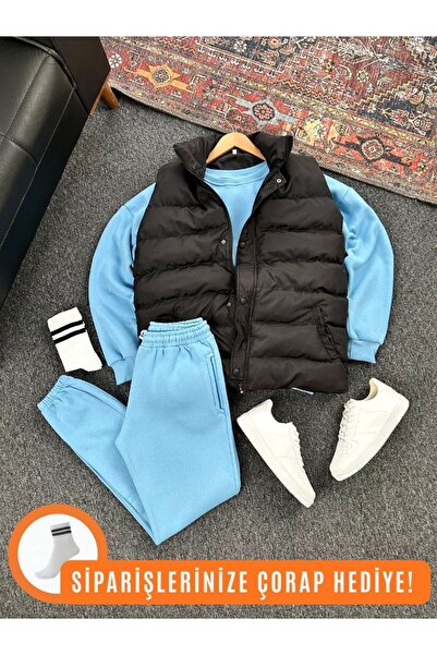 tetramoda Padded Puffer Vest and Three Thread Compact Crew Neck Cotton Inside Oversize Tracksuit Set 3-Piece Set