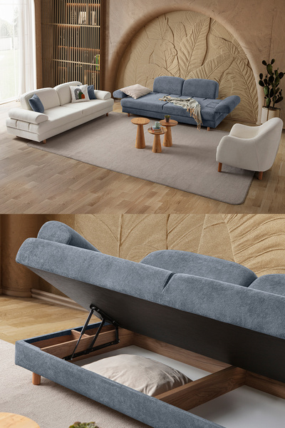 Eymense Aries Yataklı Sandıklı Koltuk Takımı 3+3+1 Mavi