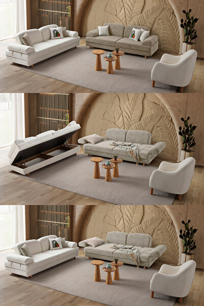 Eymense Aries Yataklı Sandıklı Koltuk Takımı 3+3+1 Sütlü Kahve