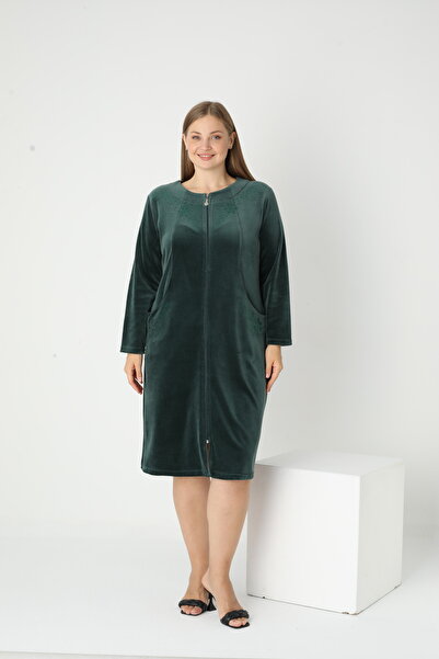 STELLETO Plus Size Zippered Velvet Dress with Collar Stone Detail and Pocket ...