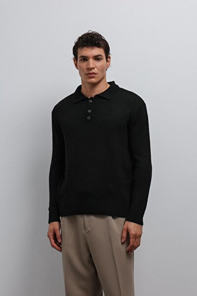 Antioch Black Buttoned Collar Men's Sweater