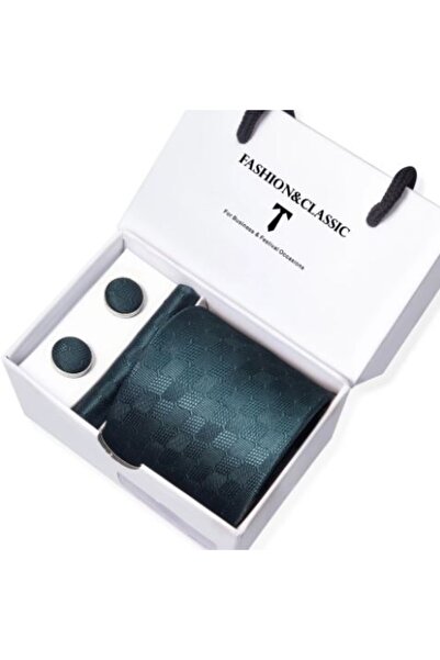 KESNUP Set cutie cadou cu cravată, batistă și 2 butoni, Verde