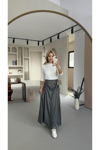 Sezgi Tekin Gathered Detail Elastic Waist Wrinkled Effect Anthracite Satin Skirt