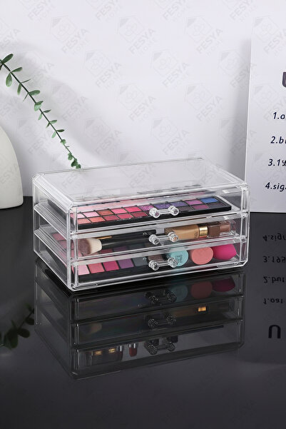 Fesya Home منظم مكياج شفاف من 3 طبقات من SEMA - صندوق تنظيم مستحضرات التجميل مع أدراج ومنظم للمجوهرات