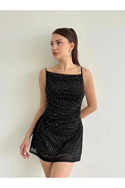 Bak Moda Taşlı Siyah Elbise