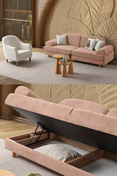 Eymense Aries Yataklı Sandıklı Koltuk Takımı 3+1 Pembe