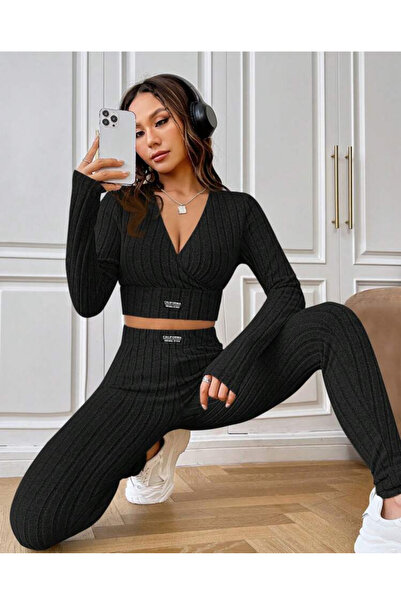 LUVIENNA Set crop top negru cu nervuri și pantaloni de trening talie înaltă p...
