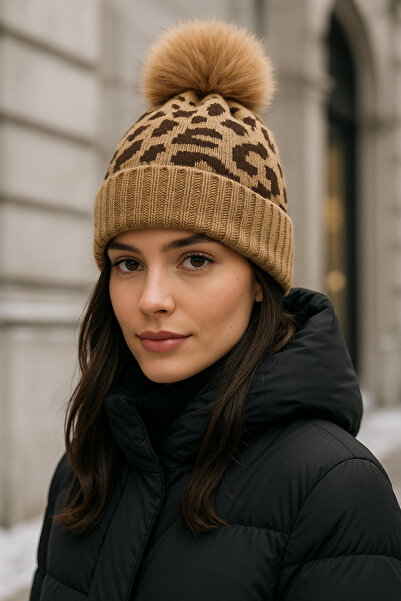 Adorisse Kadın Leopar Desenli Ponponlu Yünlü Bere BERE1145