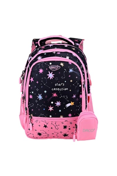 Daco Ghiozdan fete GH3017, 3 compartimente, negru-roz, 38x30x17cm + radiera c...