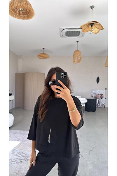 Buket Teke Μαύρη μπλούζα με φερμουάρ με λεπτομέρειες από ποπλίνα