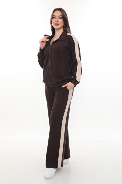 zitex ياقة مرتفعة متوسطة الطول طقم بدلة رياضية بأرجل واسعة من الجانبين بقطع قماش مخيطة معاً