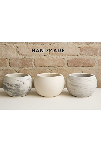 3'lü El Yapımı Dekoratif Saksı Handmade Taş Tozu Mermer Desenli Mumluk Kalemlik Sukulent Obje 8cm