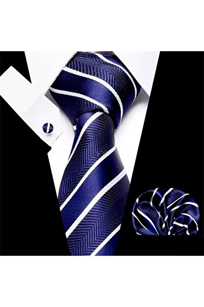 KESNUP Set elegant cravată, batistă și 2 butoni, model cu dungi diagonale Alb / Bleumarin Mov