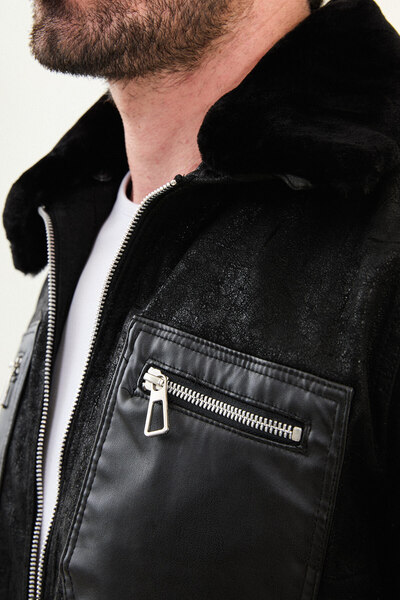 Mcr Patterned Slimfit Side Pocket Fur Collar Leather Men's Coat Black - 39649.25K