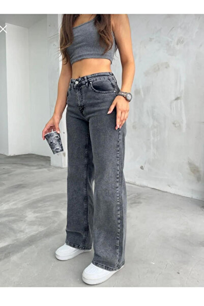 kleshus بنطلون جينز فضفاض عالي الخصر من أنثراسايت ليكرا. بنطلون واسع الساق جد...