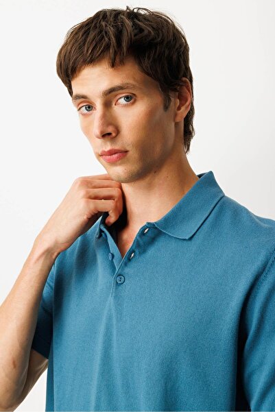 Desen Triko Мъжка поло блуза 100% памук с къс ръкав, фина плетена, синя