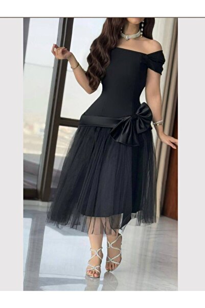 Generic Black off-shoulder midi evening dress with tulle ruffles and elegant bow detailing