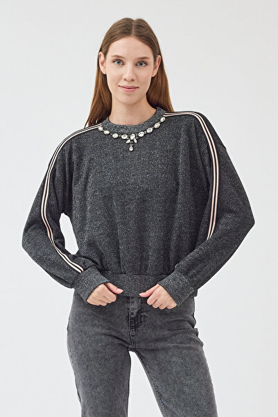 DOLCEBELLA Kadın Oversize Bisiklet Yakalı Siyah Sweatshirt