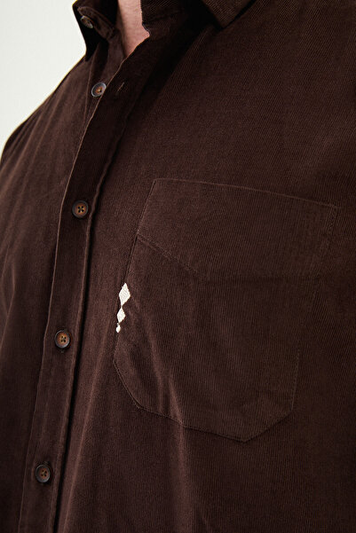 Mcr Plain Slim Fit Embroidery Detailed Velvet Men's Shirt Coffee - 27109.25K