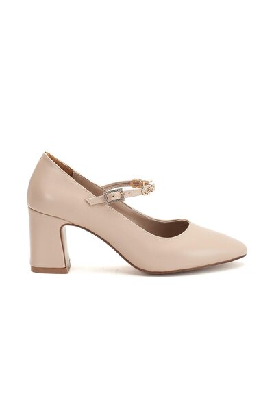 Dilimler Ayakkabı Women's Stiletto Heeled Shoes Beige Faux Leather Hard Hat Stone Thick Heeled