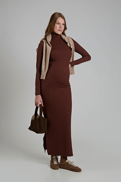 Lynmama فستان الحمل MES741 باللون البني - أسود بأكمام طويلة وقصة مستقيمة، بدو...