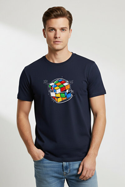 DK DAKSEL تي شيرت رجالي مطبوع عليه مكعب روبيك أساسي مريح باللون الأزرق الداكن