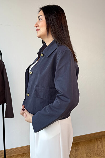 Cappmoda Ckt-0163 Navy Blue Lined Gabardine Pocketed Crop Jacket