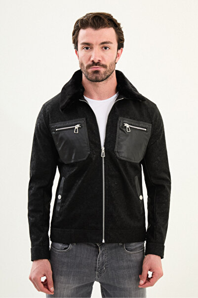 Mcr Patterned Slimfit Side Pocket Fur Collar Leather Men's Coat Black - 39649.25K