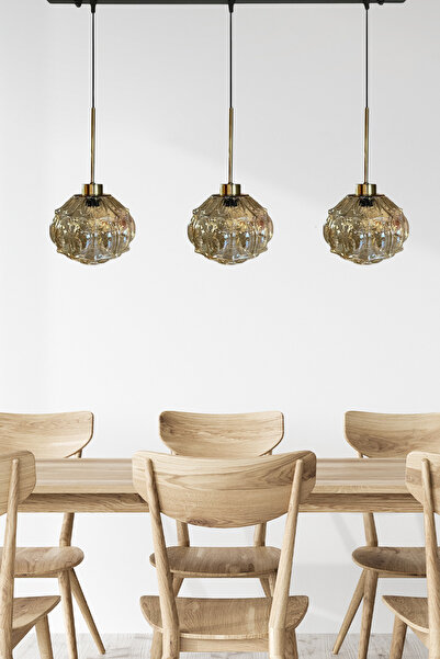 Bamyum Şila Cam Bal Rengi Üçlü Avize İnce Eskitme Başlık Retro Sarkıt Lamba S...