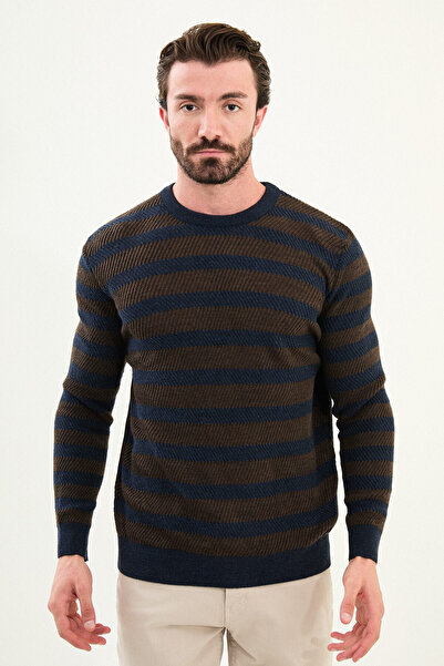 Mcr Ανδρικά πλεκτά με οριζόντιες ρίγες Slim Fit Crew Neck Navy Blue-Brown - 11564.25K
