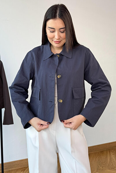 Cappmoda Ckt-0163 Navy Blue Lined Gabardine Pocketed Crop Jacket