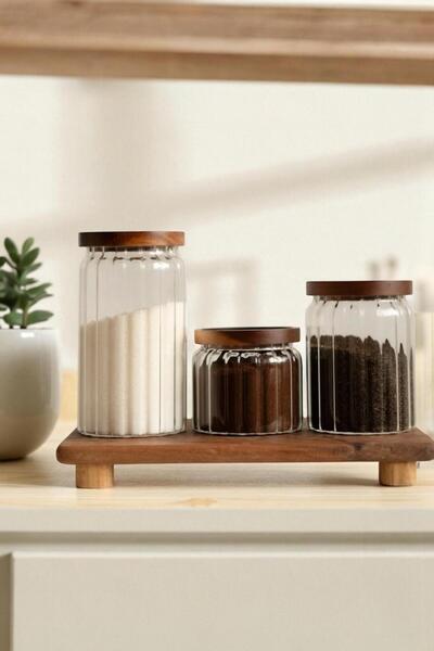 GLAMZE 3'lü Akasya Kapaklı Kavanoz Seti 500ml / 700ml / 1000ml