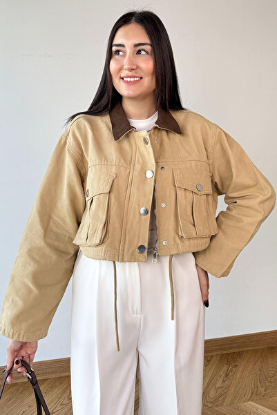 Cappmoda Ckt-1269 Beige Contrast Collar Bag Pocket Tied Crop Denim Jacket